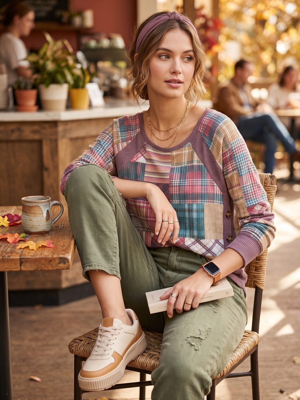 Cato Patchwork Plaid Waffle Knit Side Button Top Cabincore Cottagecore Cozy